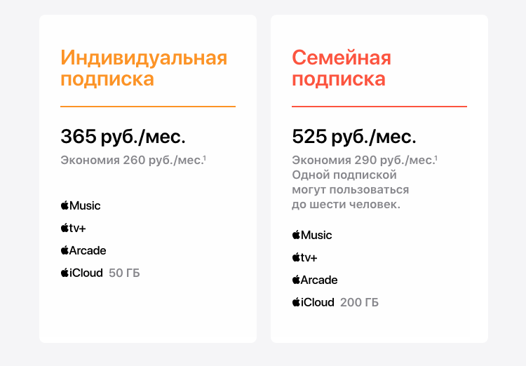 Подписка Apple One в России. Индивидуальная подписка - 365 рублей в месяц, Семейная подписка - 525 рублей в месяц.